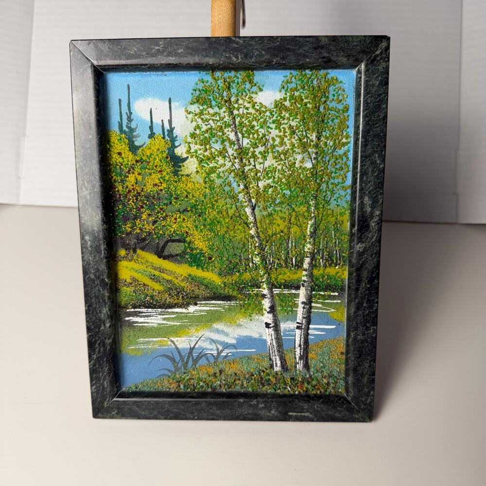 VTG Signed Russian Ural Stone & Mineral Mosaic Birch Landscape Gemstone Art 9x7"
